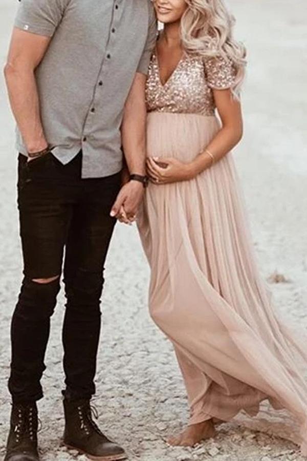 Maternity V Neck Maxi Tulle   Photoshoot Gowns Dress