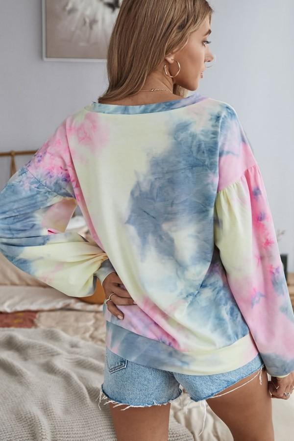 Tie-dyed round neck bubble long sleeve casual T-shirt pullover in autumn 2020