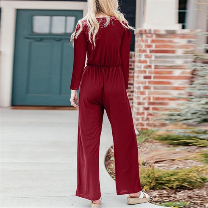 Maternity Solid Color Button Long Sleeve Jumpsuit