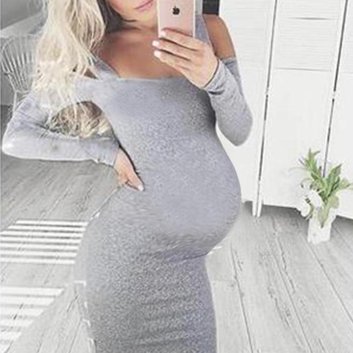 Maternity Solid Color Off Shoulder Long Sleeve Midi Dress