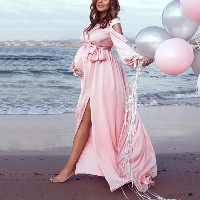 Maternity Casual Open Shoulder Long Sleeve Pure Color Dress