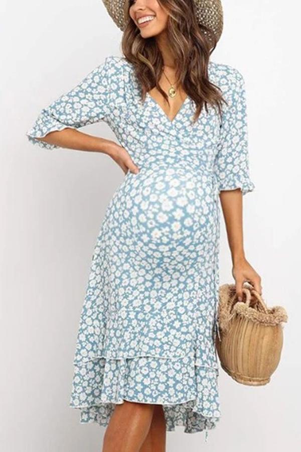 Maternity V-Neck Floral Casual Ruffled Dress