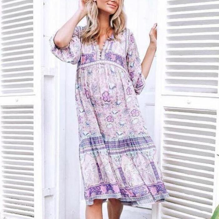 Maternity Casual V Neck Long Sleeve Printed Colour Loose Dress