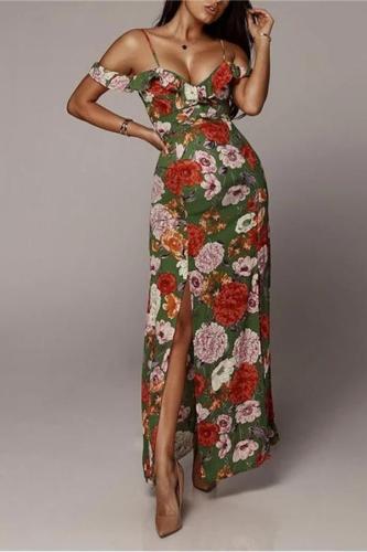 Maternity Off Shoulder Floral Print Split Slim Fit Slip Dress
