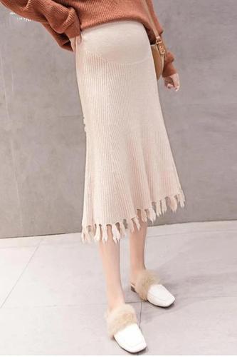 Maternity Solid Color Knit Fringe Skirt