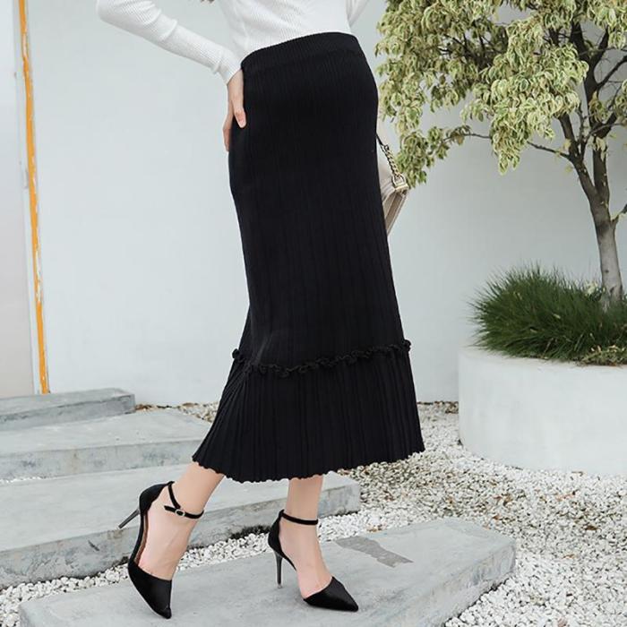 Maternity casual solid color stomach lift pleated knit skirt