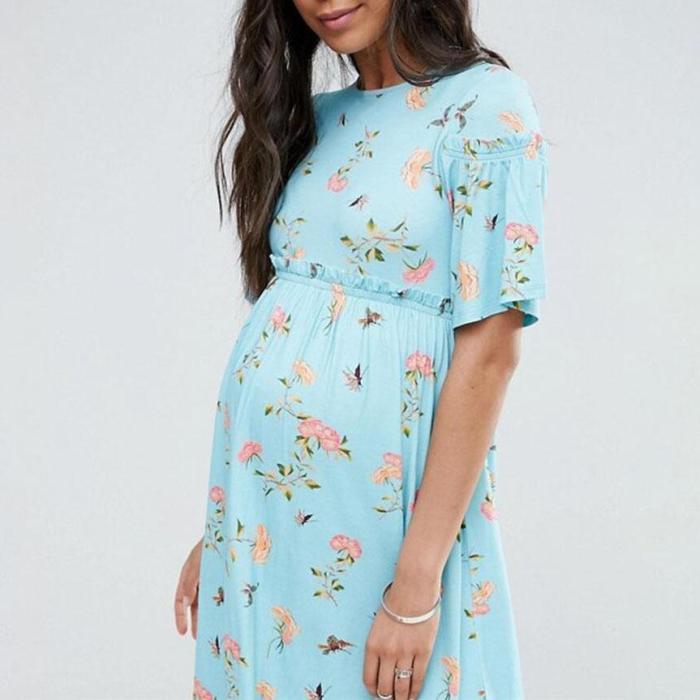 Maternity Floral Trumpet Short Sleeve Dress
