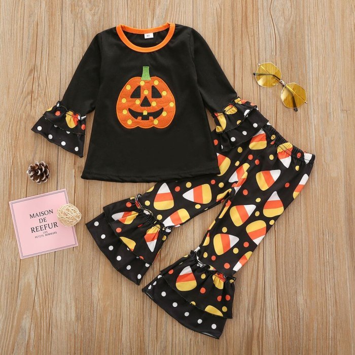 Toddler Baby Girls Boys Clothes Halloween Print Tops Polka Dot Flared Pants Outfits Set Unisex Baby Girl Clothes Long Sleeve#50