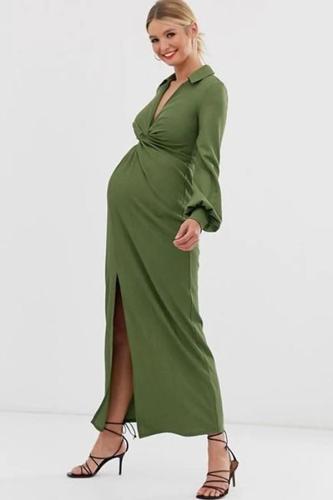 Maternity Sweet V Neck Pure Colour Slit Maxi Dress