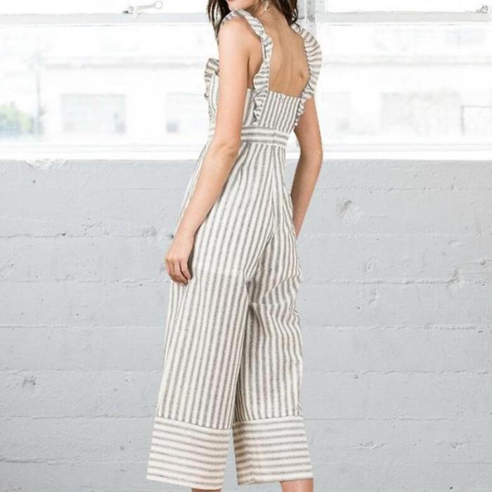 Maternity Striped Ruffled Sling Strapless Back Jumpsuit