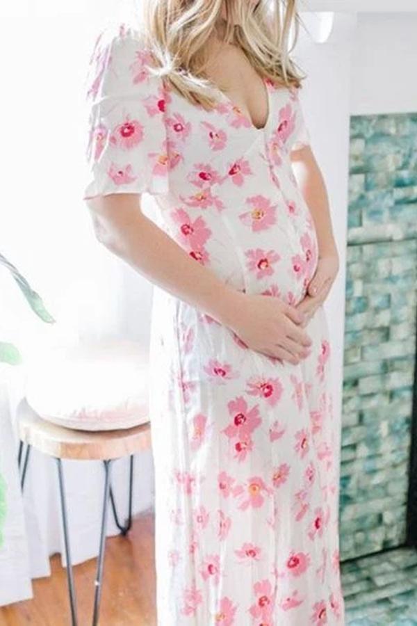 Maternity casual v-neck floral printed short-sleeved dress