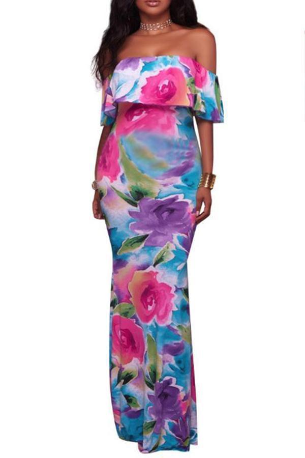 Maternity Floral Print Off Shoulder Short Sleeve Maxi Dress