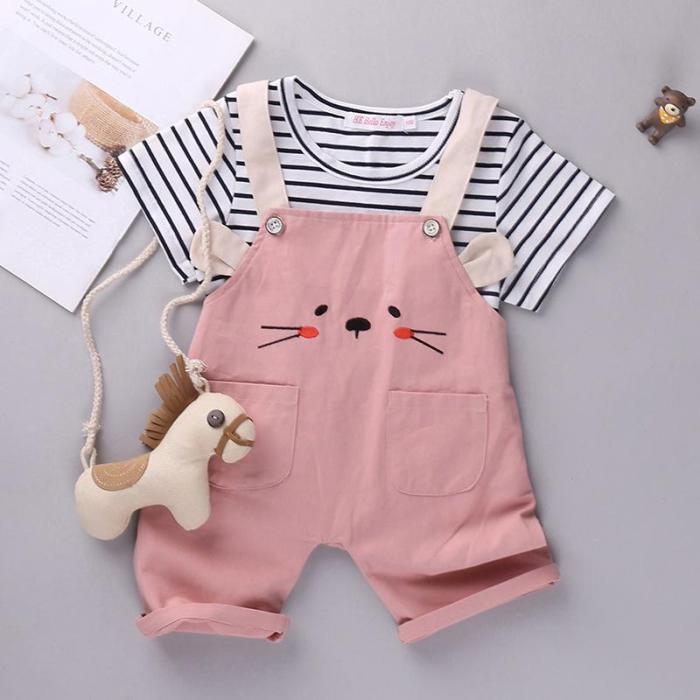 2020 baby clothes striped short sleeve two-piece girls belt pants set