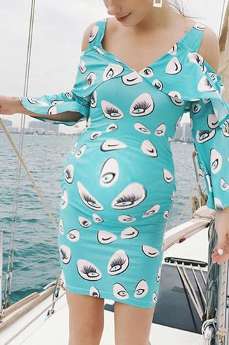 Maternity V-Neck Backless Bodycon Printing Dress
