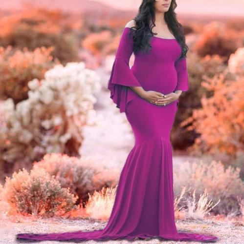 Maternity Off Shoulder Flounced Sleeve Trailing Dress