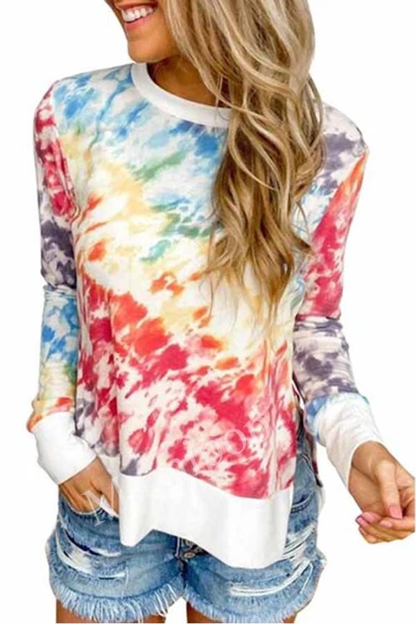 Women's Color Matching Tie Dye Print High Low Hem Pullover Long Sleeve Top