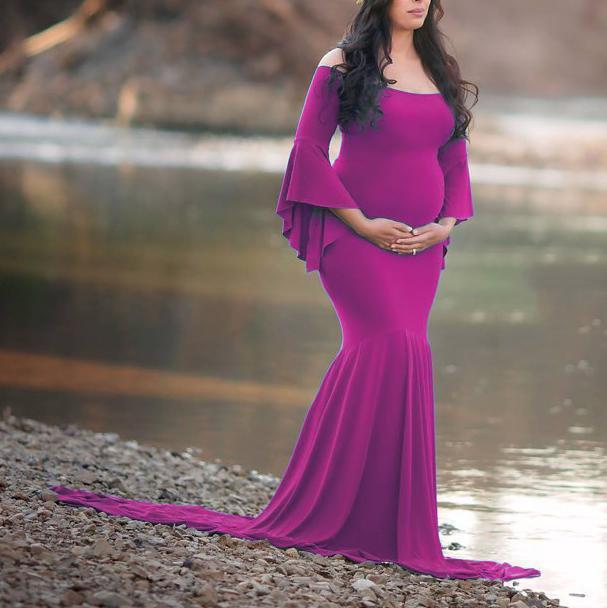 Maternity Off Shoulder Flounced Sleeve Trailing   Photoshoot Gowns Dress