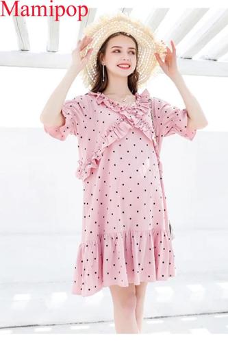 Summer  O Neck Short Sleeve Dot Pink Mini Bohemian Dress
