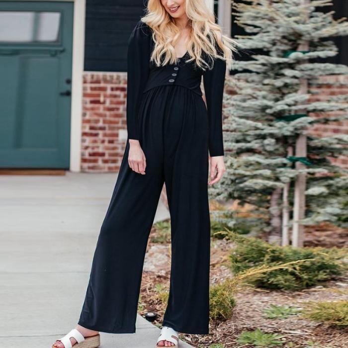 Maternity Solid Color Button Long Sleeve Jumpsuit