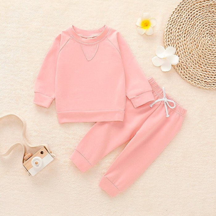 Toddler Kids Boys Girls Long Sleeve Solid Sweatshirt Pullover Tops Pants Outfits Set