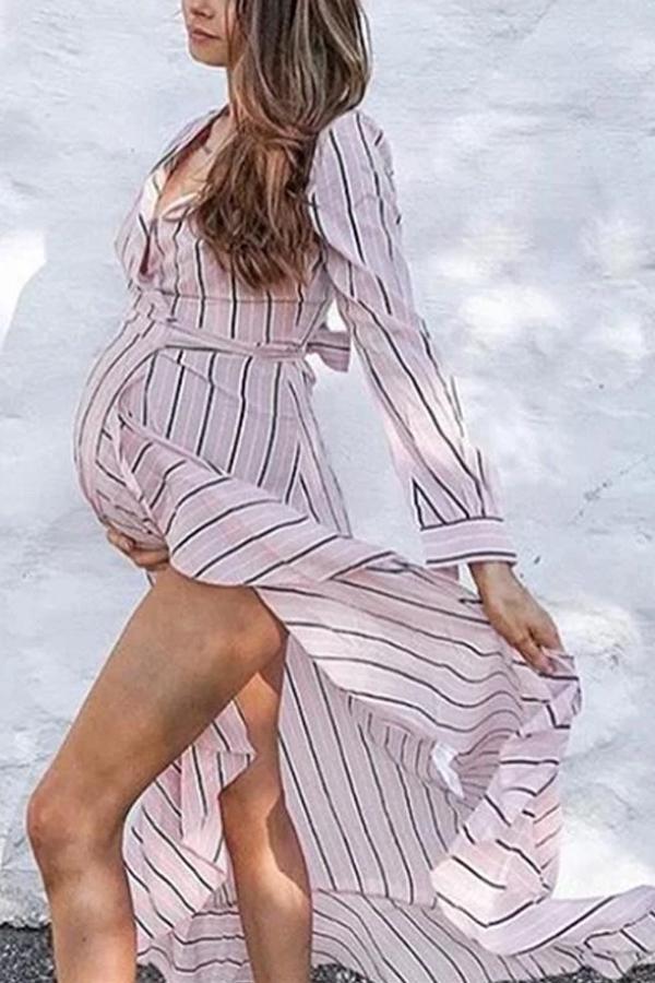 Maternity Sexy V-Neck Striped Long-Sleeved Dress