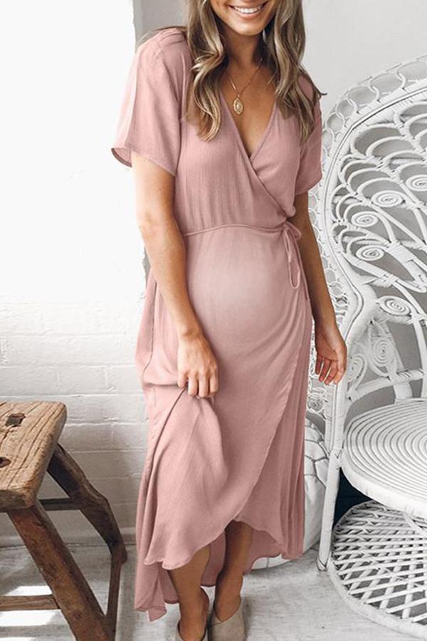 Maternity V-Neck Short Sleeve Asymmetric Daily Dress