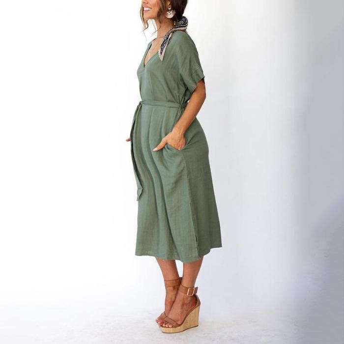 Maternity Casual V Neck Pure Colour Belted Dress