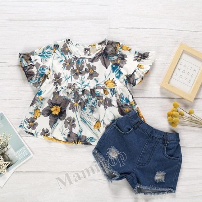 Baby Girl SummerT-shirt Tops+Shorts Pants Children Kids Flower Sunsuit