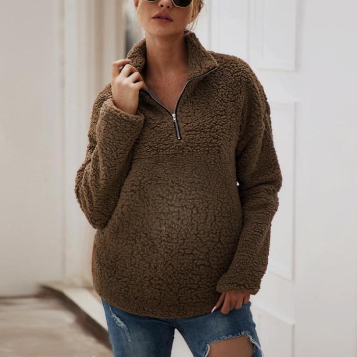 Maternity Daily Zipper Pure Color Sweater