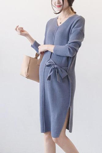 Maternity V-Neck Long Sleeve Sweater Dress