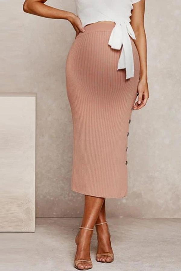 Maternity Casual Pink Side-breasted Knit Sash Split Skirt