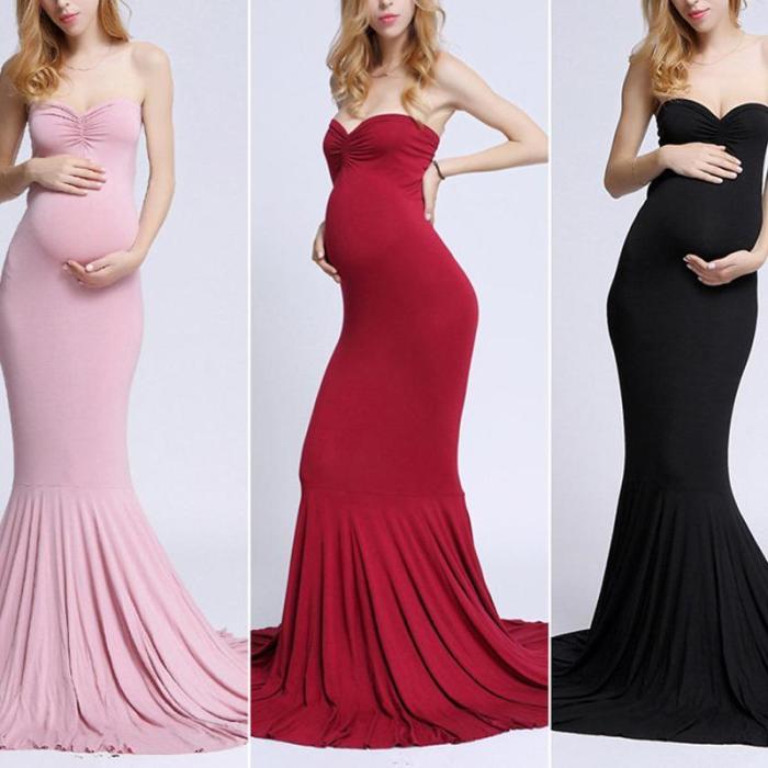 Maternity Elegant Solid Color Tube Floor Length Gown