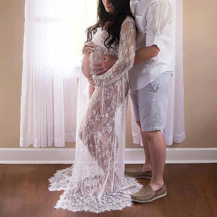 Maternity Hollow Out Floral Lace Long Sleeve Dress