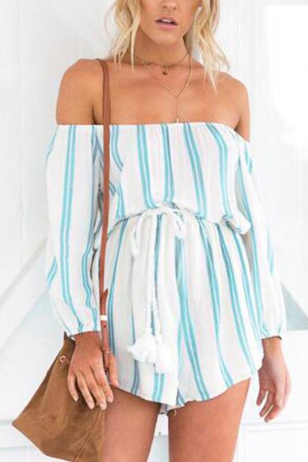 Maternity Sexy Open Shoulder Stripe-Printing Jumpsuits