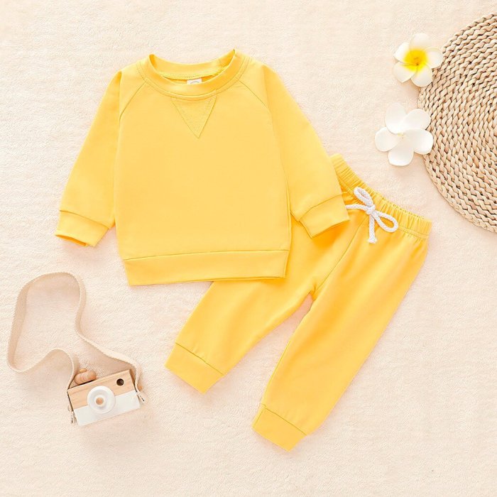 Toddler Kids Boys Girls Long Sleeve Solid Sweatshirt Pullover Tops Pants Outfits Set