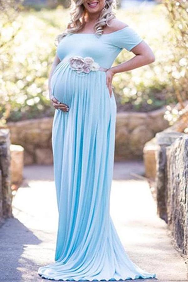 Slash Neck Short Sleeve Maternity Full Length Dress