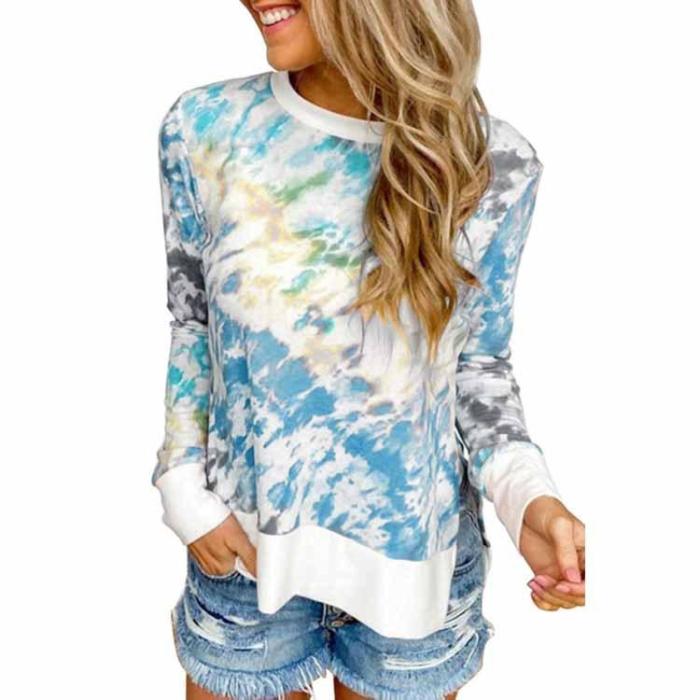 Women's Color Matching Tie Dye Print High Low Hem Pullover Long Sleeve Top