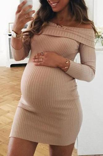 Maternity Elegant Off Shoulder Long Sleeve Knitted Bodycon Dress