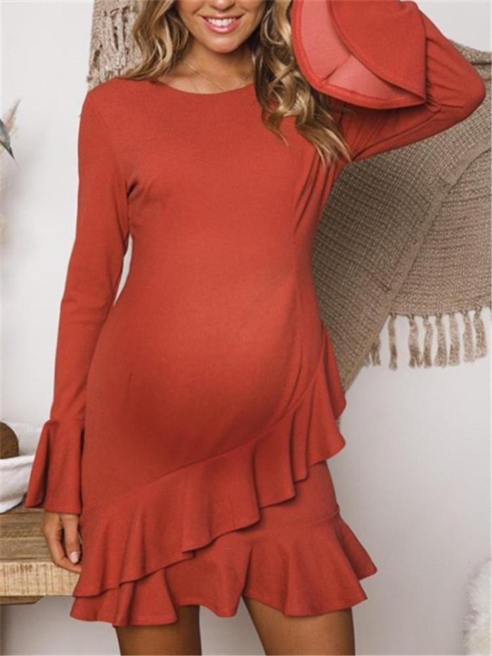 Maternity Long Flared Sleeve Slim Ruffled Dress