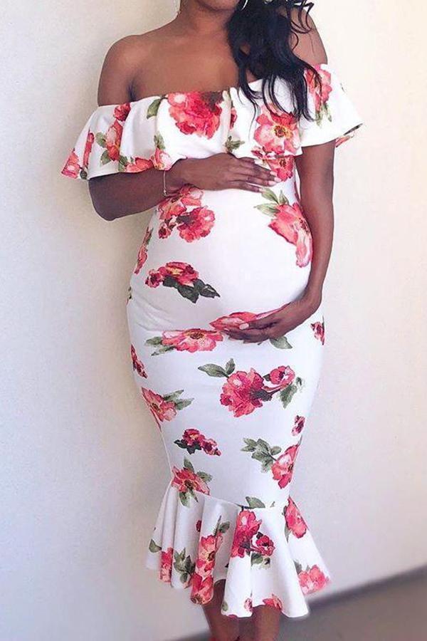 Maternity Ruffle White Floral Print Slash Neck Dress