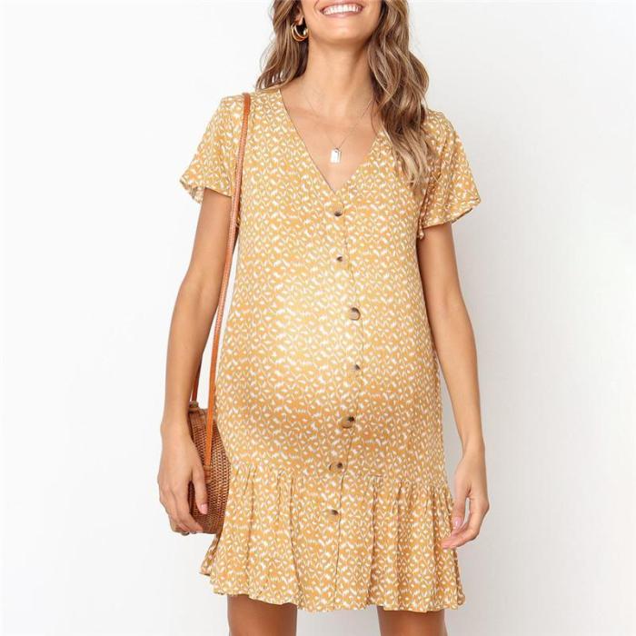 Maternity V-Neck Printed Button Ruffle Dress