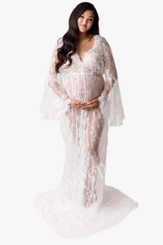 White Lace Pregnant Women Maxi Dress forPhotoshoot Gowns