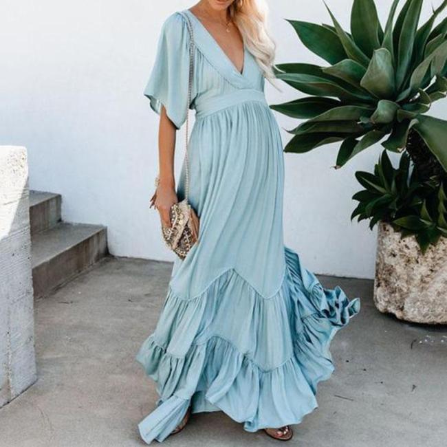 Maternity Wear Sweet V Neck Pure Colour Short Sleeve Dress