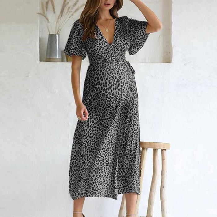 Maternity V Neck Leopard Print Lace-Up Dress