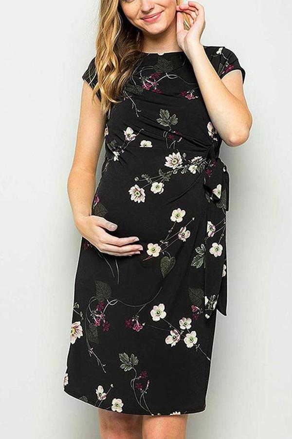 Maternity O-Neck Printing Tie Casual Dress