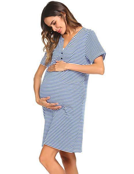 Women's Nursing Dress Short Sleeve Maternity Dress Stripe Nursing Pajama