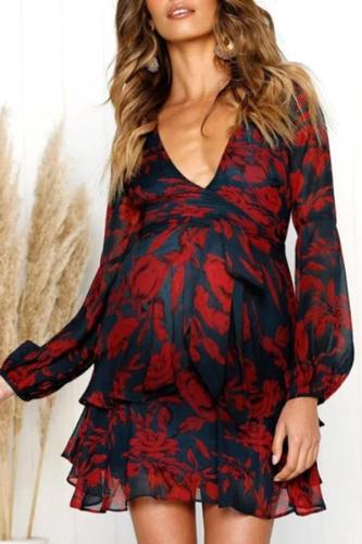 Maternity Casual V-Neck Long Sleeve Printed Layered Ruffle Dress
