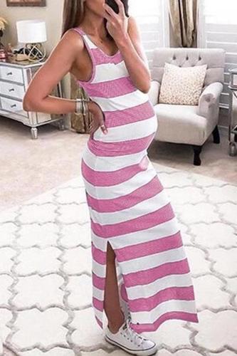 Sleeveless Striped Round Neck Split Fork Maternity Dress