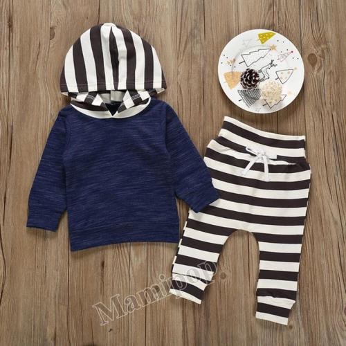 New boy's autumn pure cotton sweater hooded striped trousers