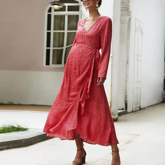 Maternity V-Neck Long Sleeve Lace-Up Printed Dress